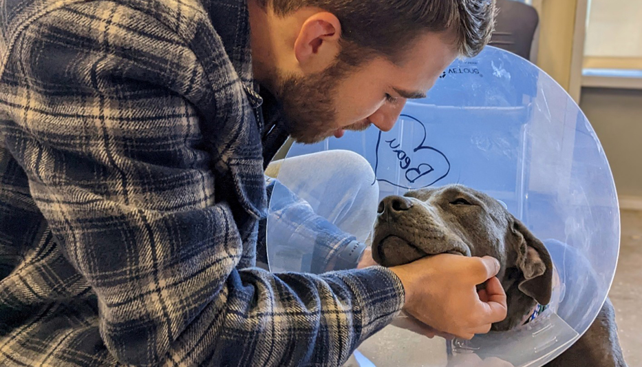 Photo of a man comforting a dog wearing a healing cone.